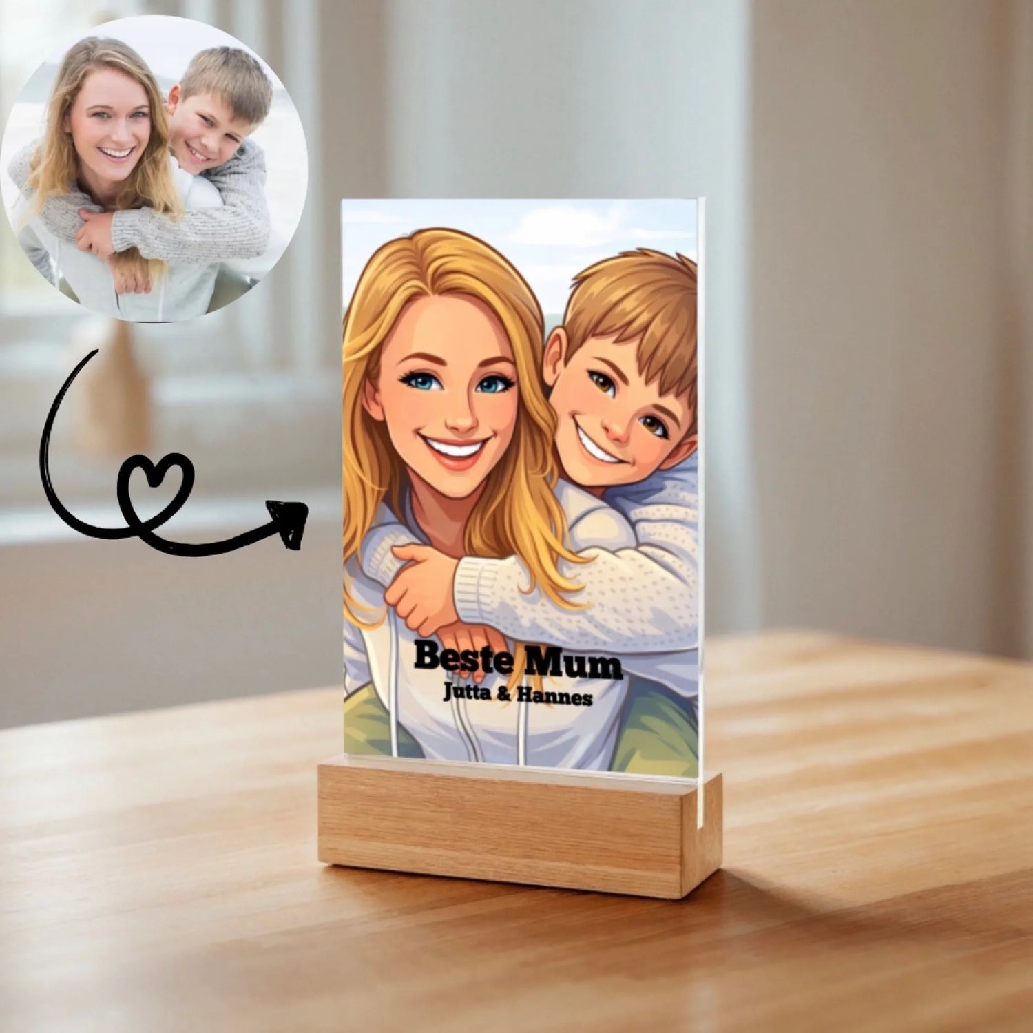 Cartoon Acrylaufsteller mit Bild und Vergleich Mockup